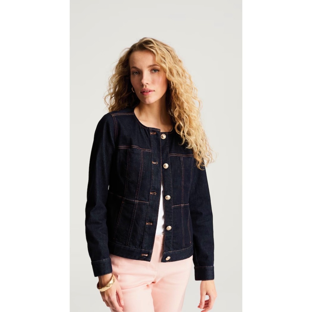 J. Jill Denim Jacket Womens XL Indigo Blue Collarless Gold Button Stretch XL